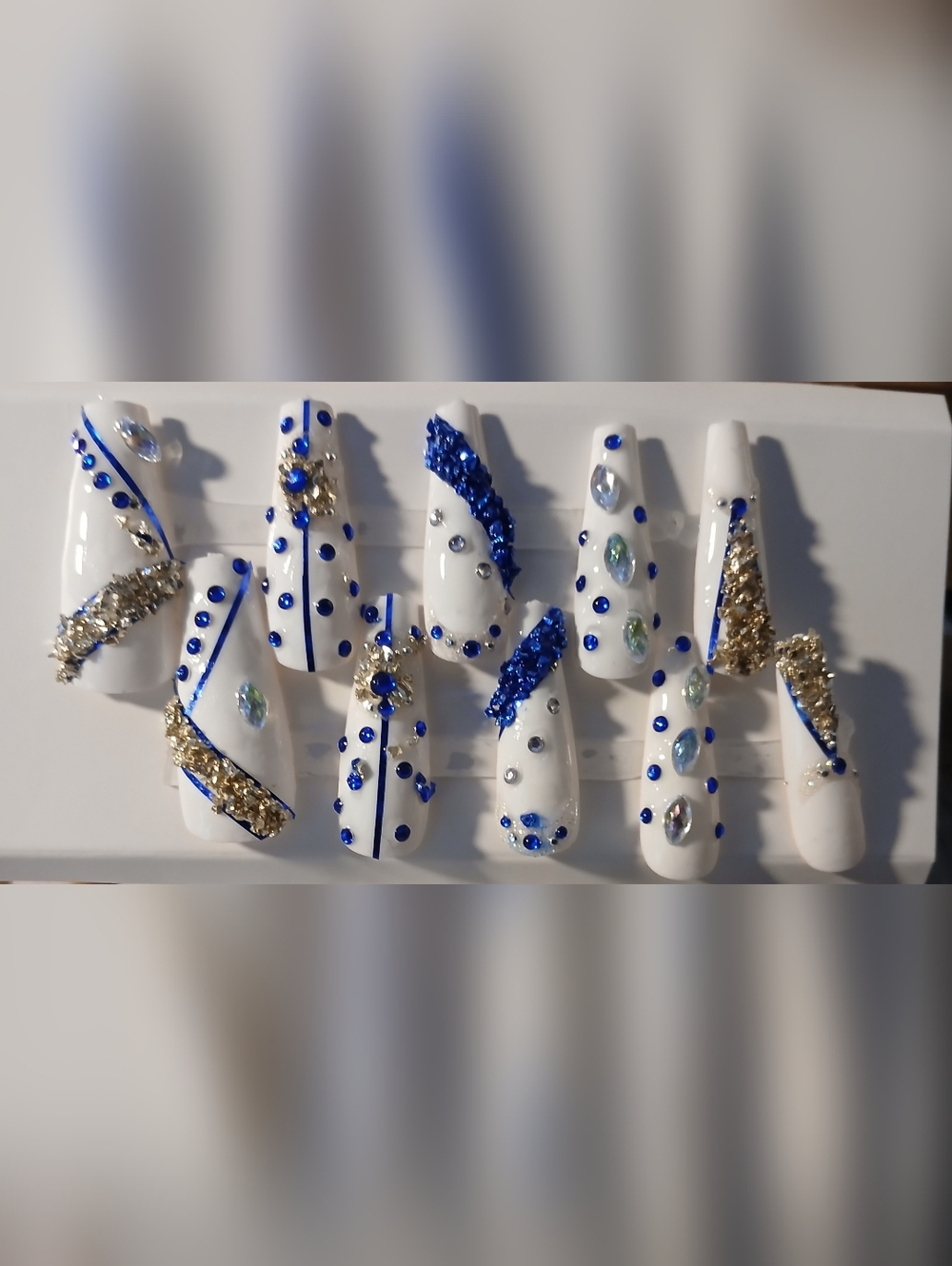 NWT Handcrafted White, Royal Blue/Silver Crystal Press-On Nail Set.